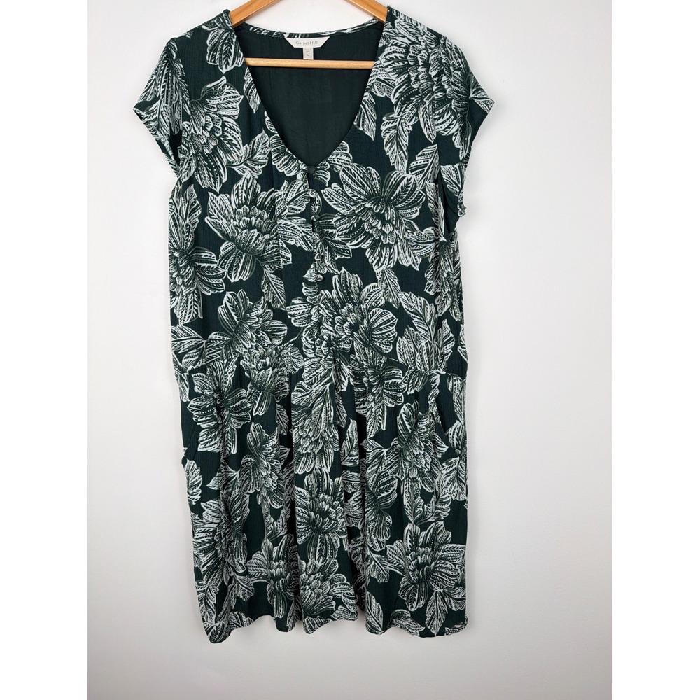 Garnet Hill Dress M Green Floral Pockets Ecovero Viscose Lagenlook Cottagecore